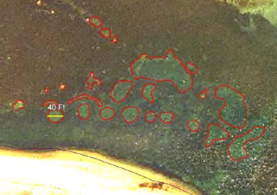 Detail of mooring scars in West Falmouth in 2005