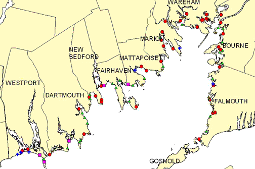 Map of Buzzards Bay beaches, click for more detailed map.