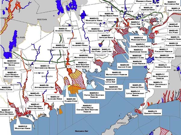 pathogen tmdl map of the Buzzards Bay watershed