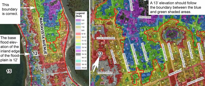 Examples of base flood elevations consistent with and at odds with LiDAR data.