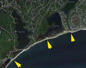 Google map showing the entrances of Oyster Pond (estuary), Salt Pond (estuary), and Siders Pond (fresh, salt stratified).