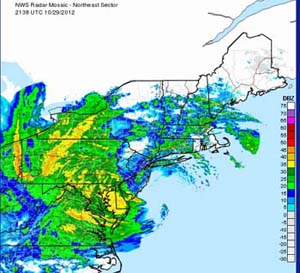 Radar image of Hurricane Sandy at about the time of landfall.