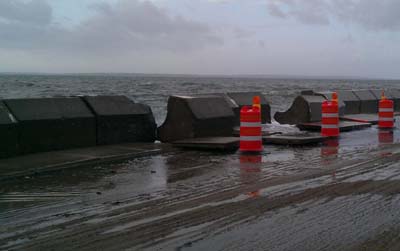 Sea wall near Great Pond bridge on Menauhant Rd in Falmouth after storm