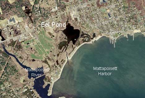 Color aerial photograph of Eel Pond in Mattapoisett, MA