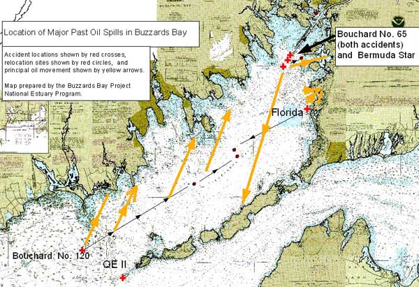 Map of Buzzards Bay oil spill locations.