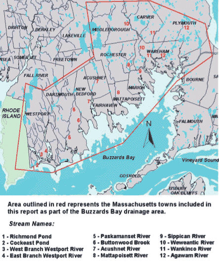 Map showing herring run locations on the western Buzzards Bay basin