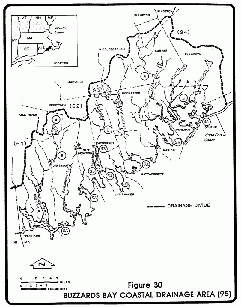 Fig. 5. The Buzzards Bay boundary used in the current DEP surface water quality standards, starting in 2000. Note that the northern boundary closely approximates a groundwater boundary, and that the Quittacas Pond complex is included within Buzzards Bay. Click on the map for an enlarged version in a new window. In 2006, DEP for the first time included the watershed areas of Bourne in Falmouth in its water quality reports and Integrated List to EPA.