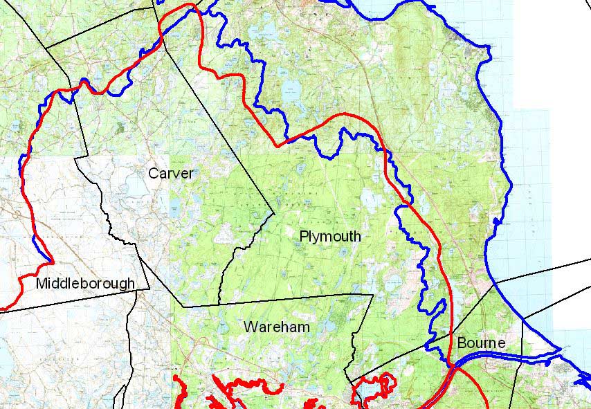 Fig. 3. Northern boundary of the Buzzards Bay watershed (red line) adopted in the 1992 CCMP approved by the Commonwealth and US EPA, compared to the surface topography watershed still in use by DEP and EEA. Click on the map for an enlarged version in a new window.