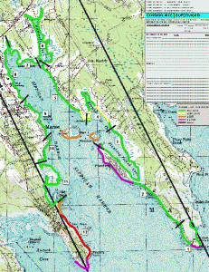 Fig. 3. Northern boundary of the Buzzards Bay watershed (red line) adopted in the 1992 CCMP approved by the Commonwealth and US EPA, compared to the surface topography watershed still in use by DEP and EEA. Click on the map for an enlarged version in a new window.