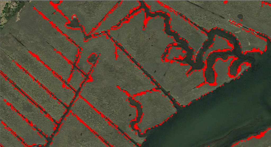 Marsh in Ipswich showing LiDAR data elevations between 2.0 and 3.0 ft NAVD88 (red pixels).