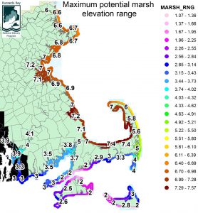 Predicted maximum potential elevation range (in feet) of salt marshes around Massachusetts. The range was calculated by the equation Marsh Range = HTL - LMSL as defined in the other maps. See our low marsh boundary page for more information about variability in the range of the low marsh boundary.
