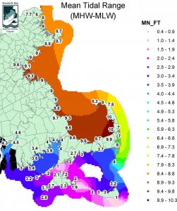 Mean tidal range (MN = MHW -MLW) elevations around Massachusetts. Elevations are in feet.