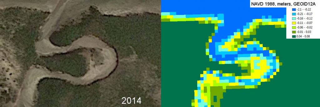 Left: Spring 2014 image of a portion of the marsh at the West End of Provincetown harbor behind the breakwater. Right: LDAR image circa 2013 or 2014 of the same are showing pixel elevations in NAVD 88 meters (Geoid12A).